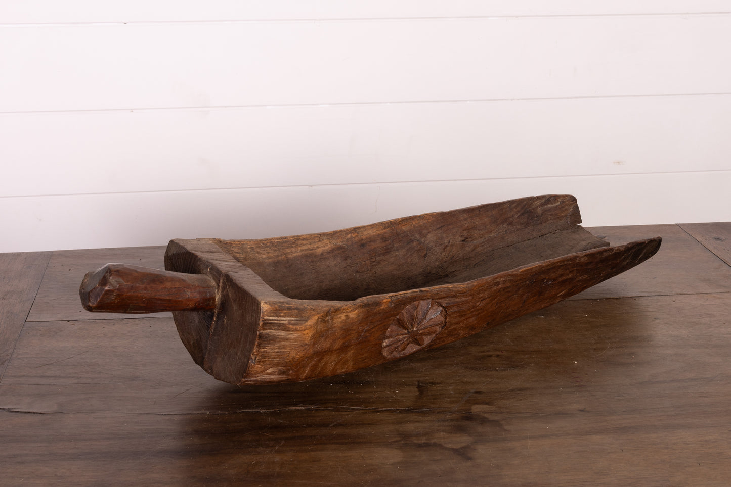 Vintage French large embossed farmhouse grain scoop from the French Alps