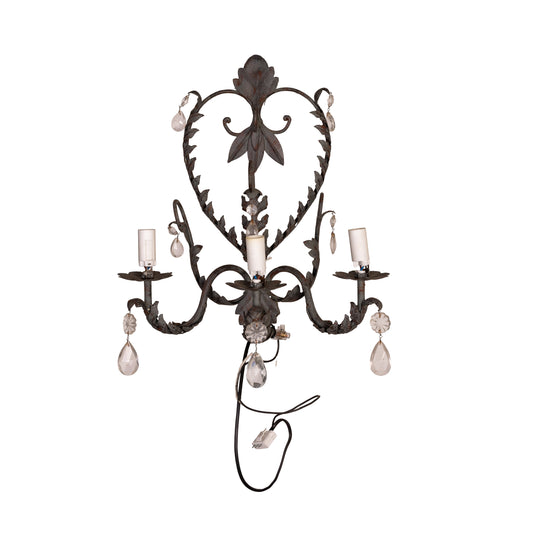 Vintage French Wall Sconce from Provence featuring drop crystals and floral motifs