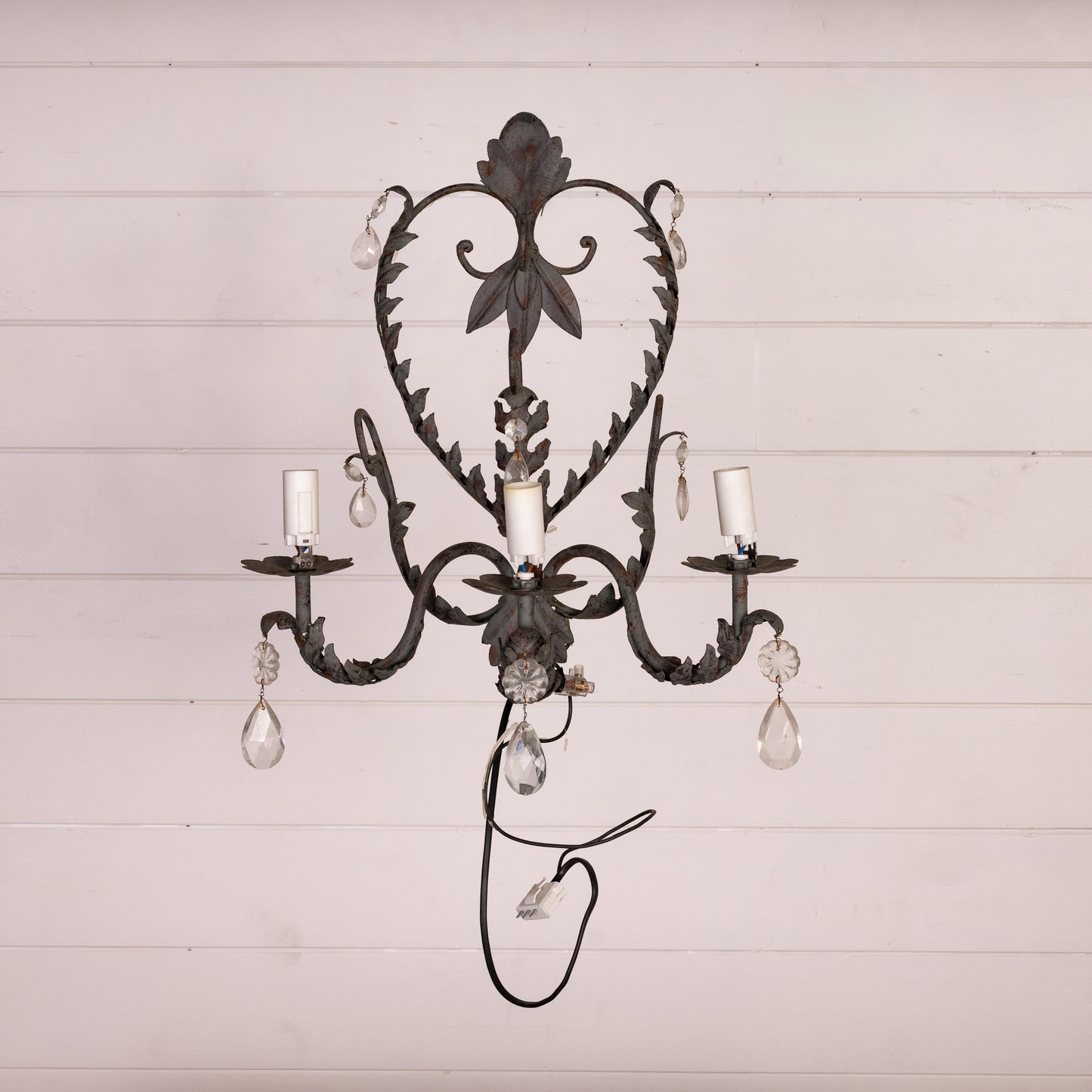 Vintage French Wall Sconce from Provence featuring drop crystals and floral motifs