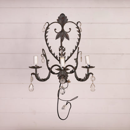 Vintage French Wall Sconce from Provence featuring drop crystals and floral motifs