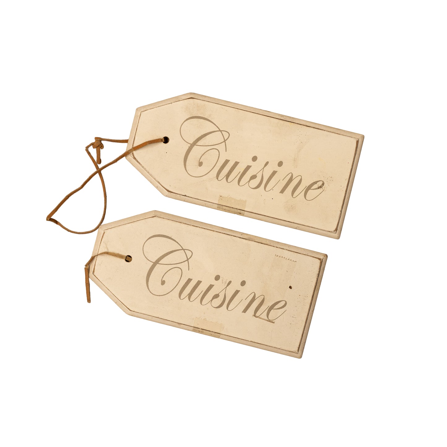 Pair of timber 'Cuisine' tags with leather ties from Provence