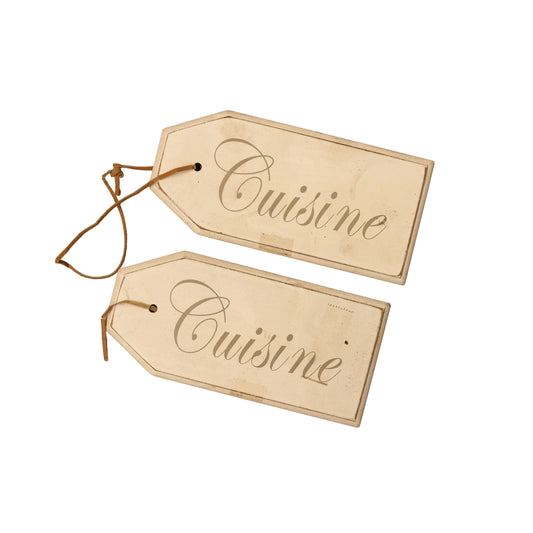 Pair of timber 'Cuisine' tags with leather ties from Provence