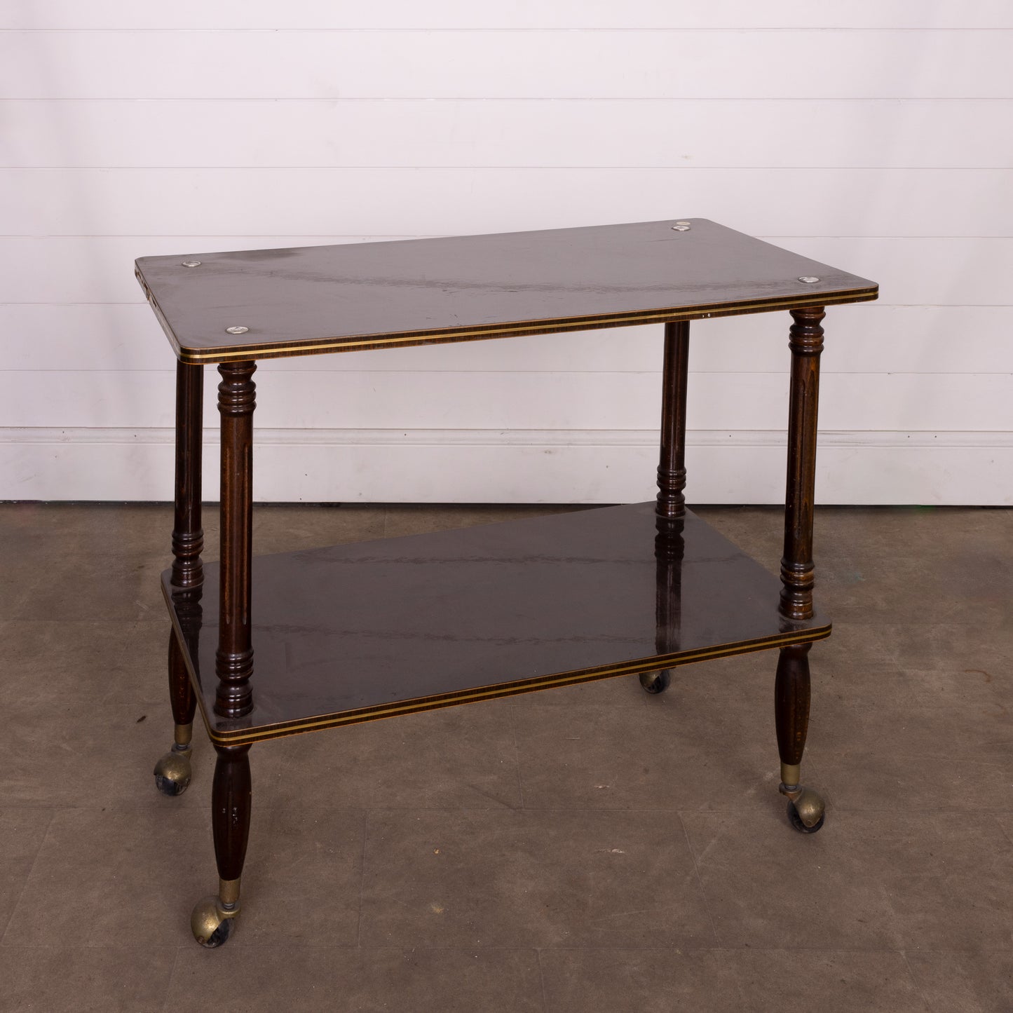 Vintage French polished drinks trolley on original castors from Lyon