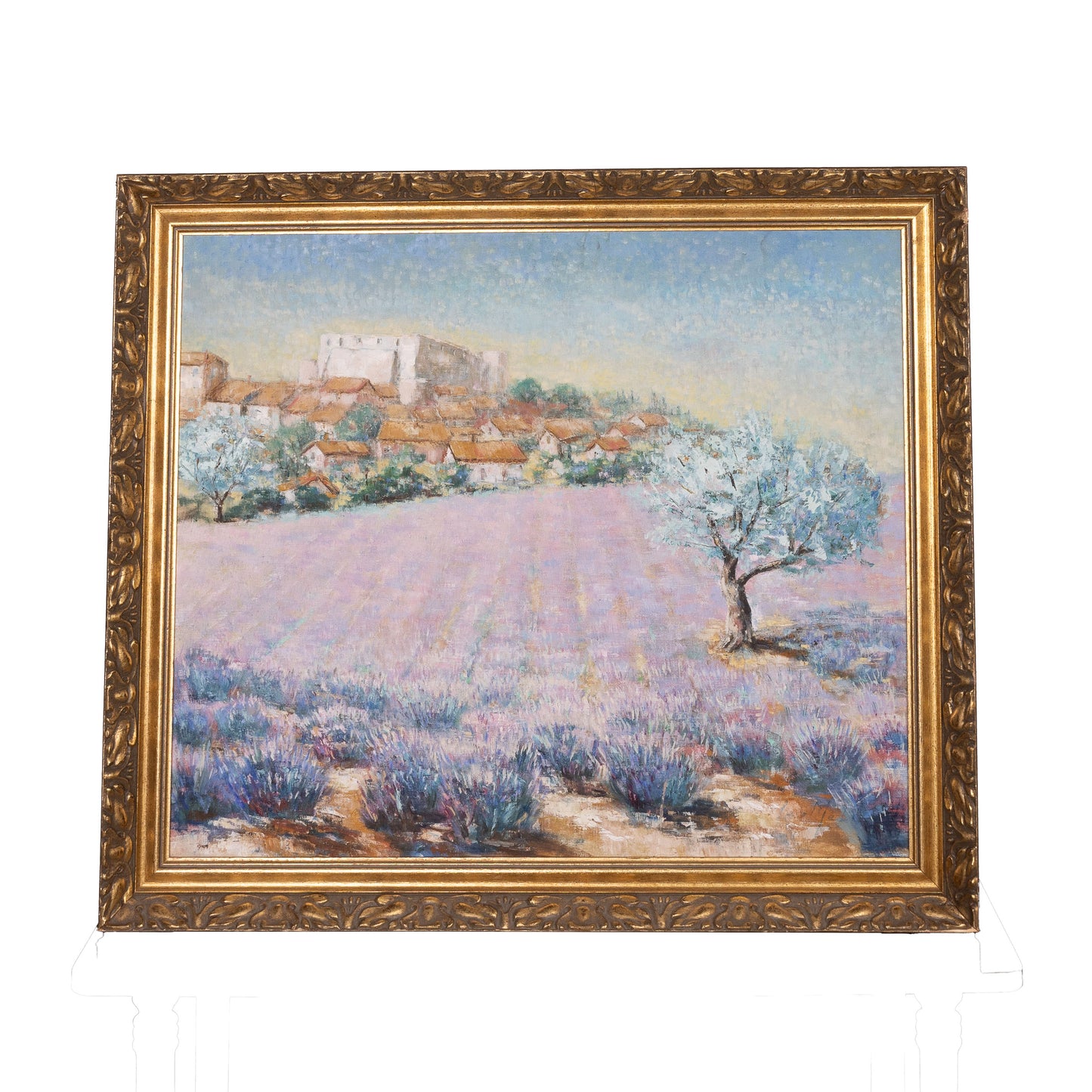 Beautiful Large Vintage French artwork of a typical Provencal village and lavender field