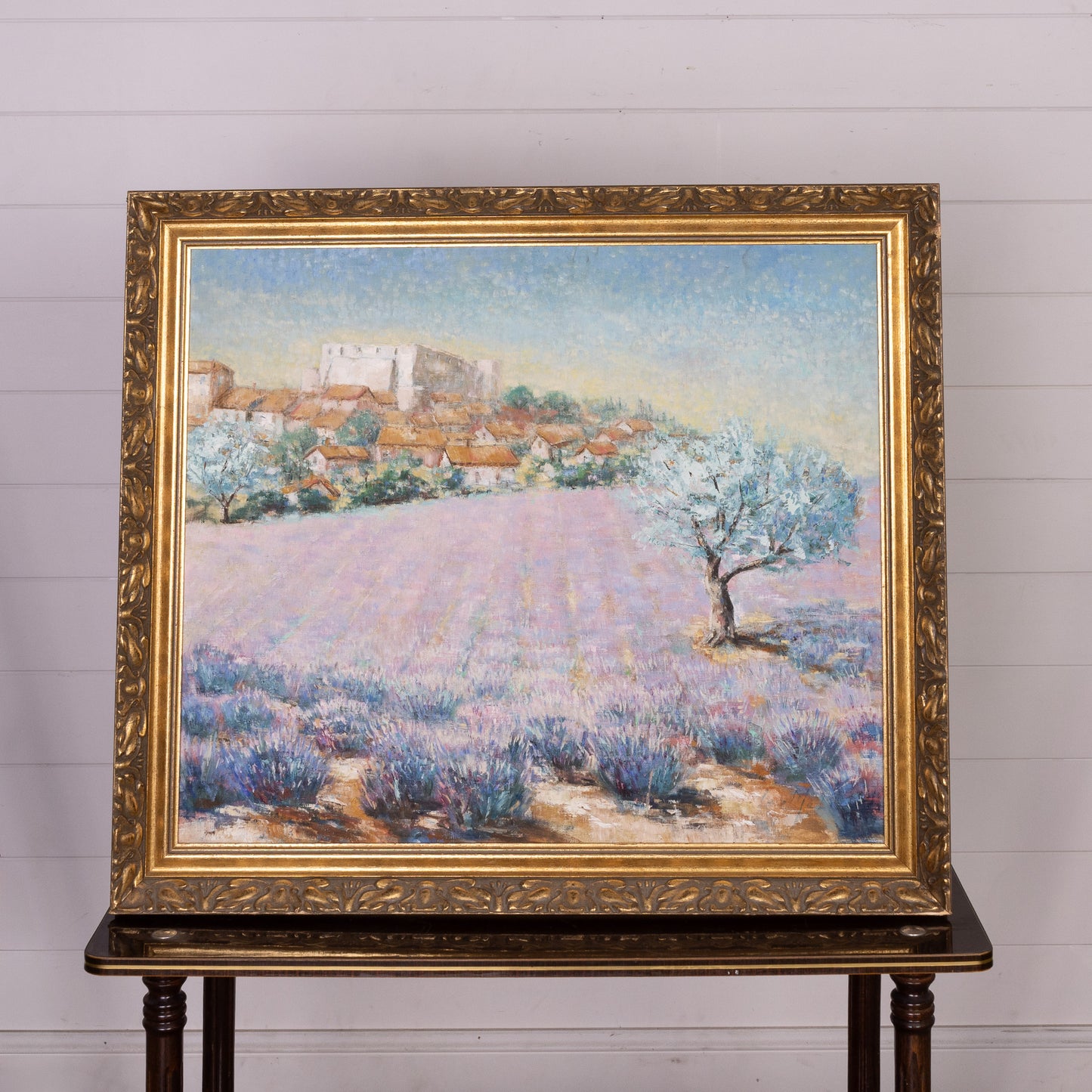 Beautiful Large Vintage French artwork of a typical Provencal village and lavender field