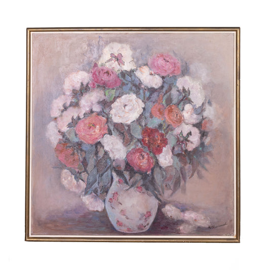 Beautiful large Antique French oil painting of flowers in a vase from Nyons, France