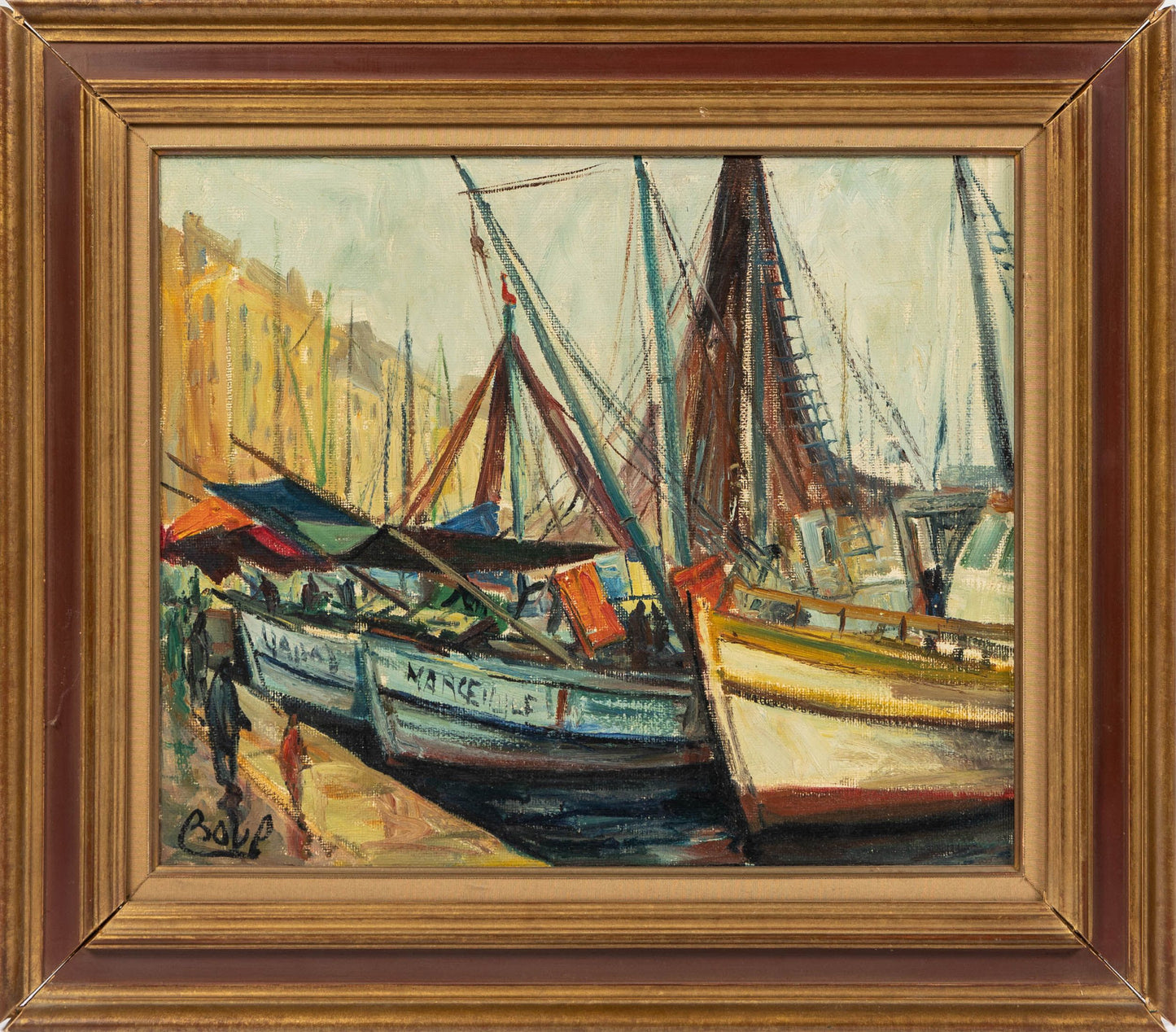 Vintage French oil on canvas, signed by Artist. sourced from Provence and features a harbour scene in Marseille