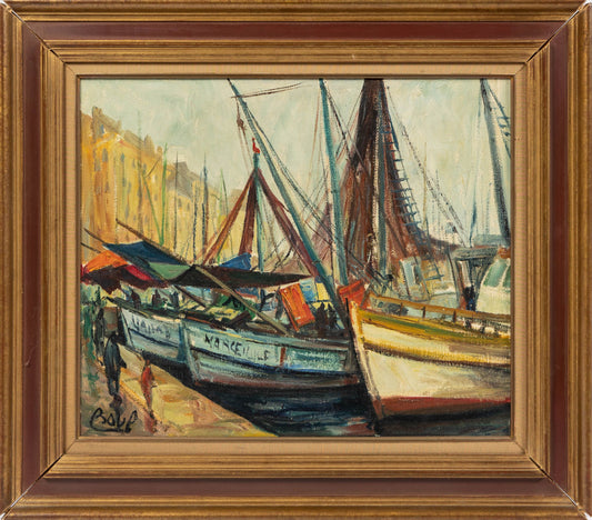 Vintage French oil on canvas, signed by Artist. sourced from Provence and features a harbour scene in Marseille