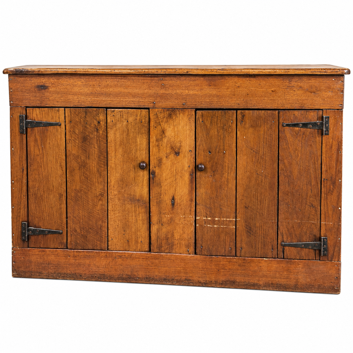 Vintage walnut farmhouse sideboard featuring internal shelves and a warm honey-coloured finish