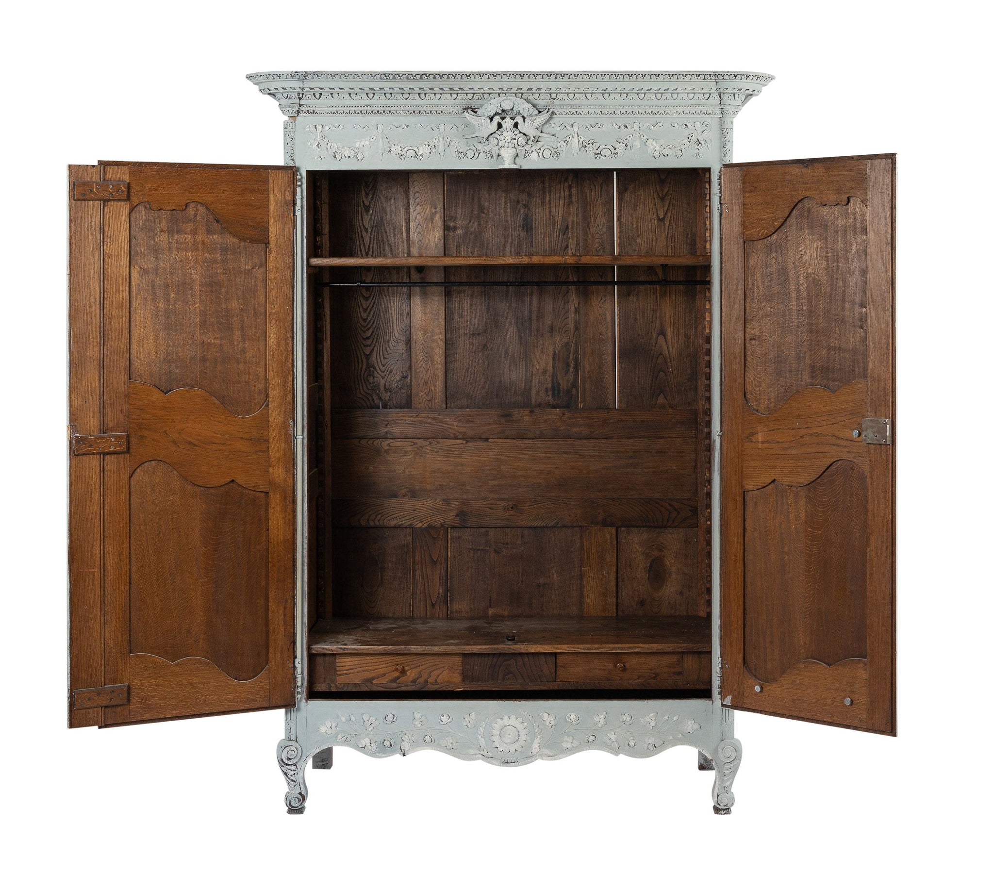 Impressive 19th century antique French marriage armoire with beautiful carvings, internal hanging rail and stunning painted patina