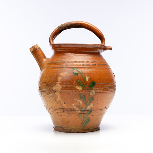 Antique French Savoyard Terracotta Olive Oil Pot with Spout and Handle from the Alps