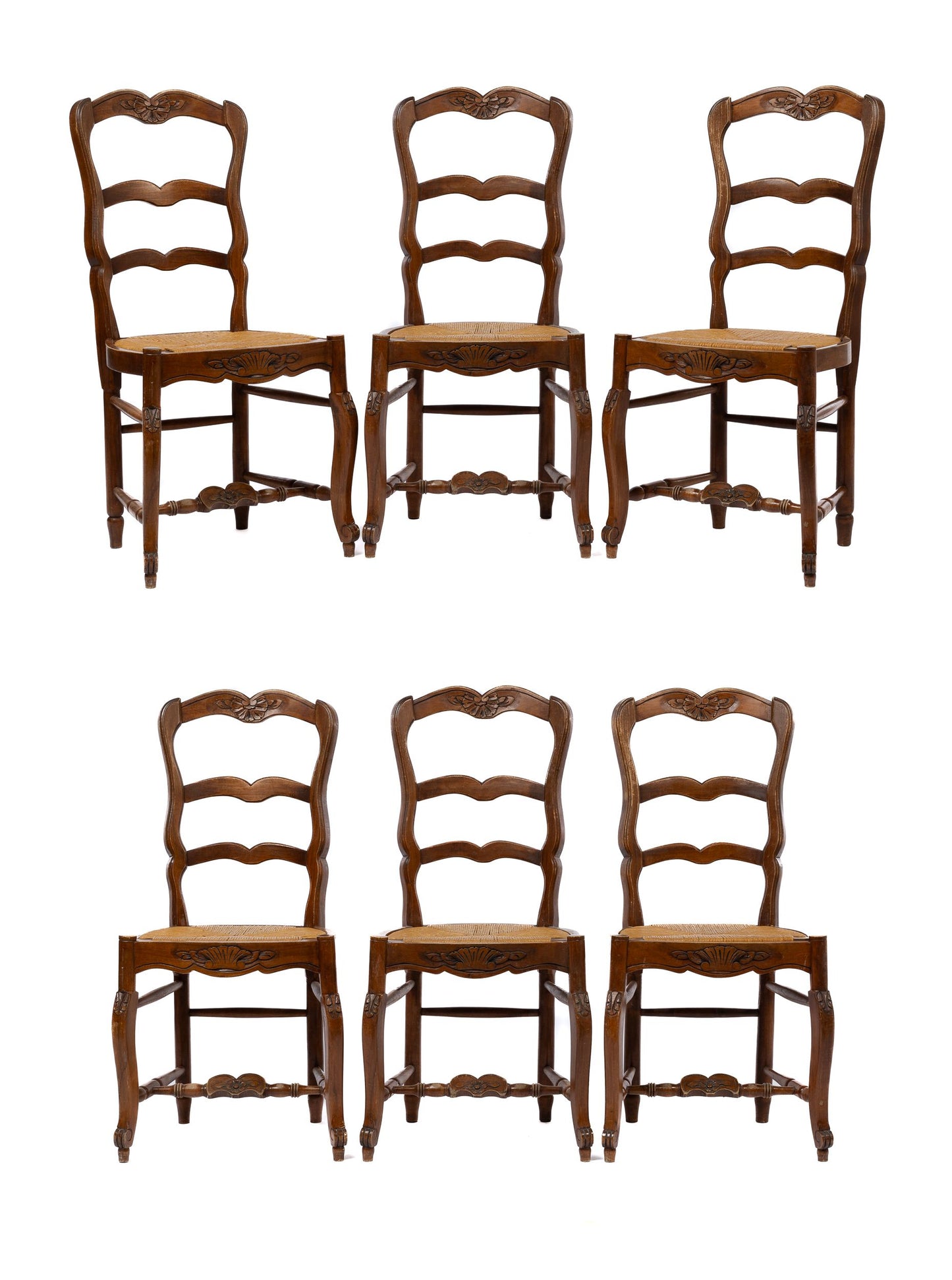 Set of 6 vintage French ladder back chairs with rush seats