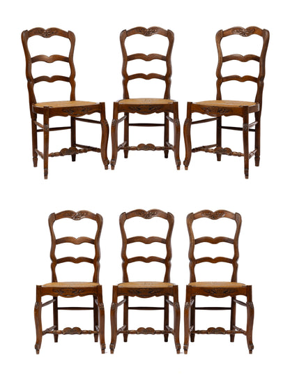 Set of 6 vintage French ladder back chairs with rush seats