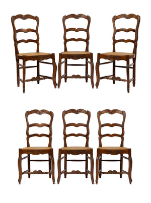 Set of 6 vintage French ladder back chairs with rush seats