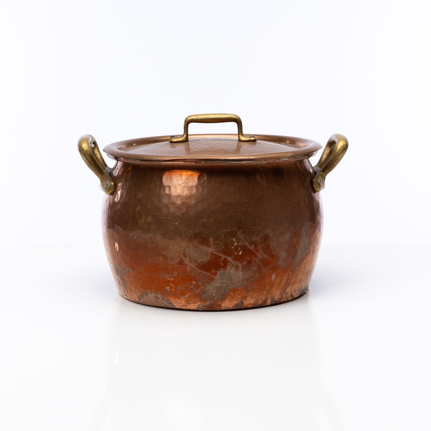 Charming Antique French hammered copper pot with lid and brass handles from the French Alps