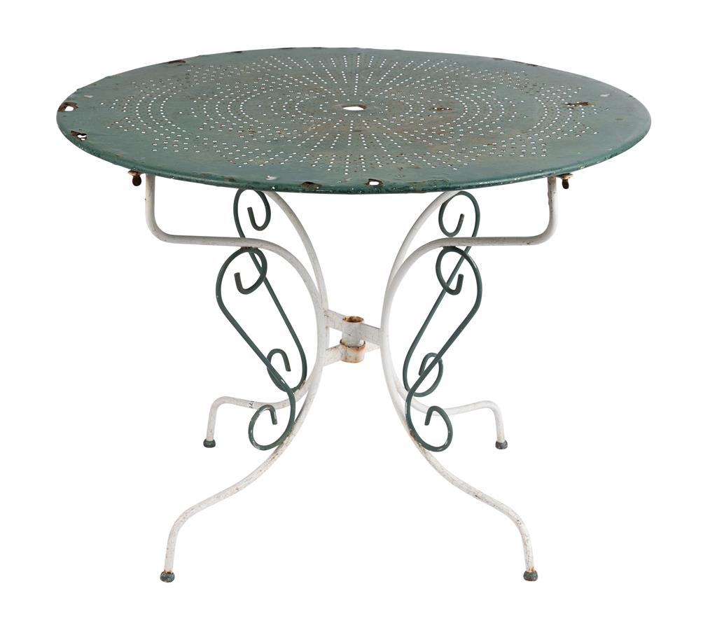 Vintage 20th Century French wrought iron table with fretted metal top with original green and white painted finish