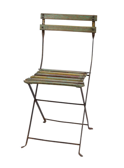 Vintage French 20th century collapsible garden chair with iron frame and timber slats.