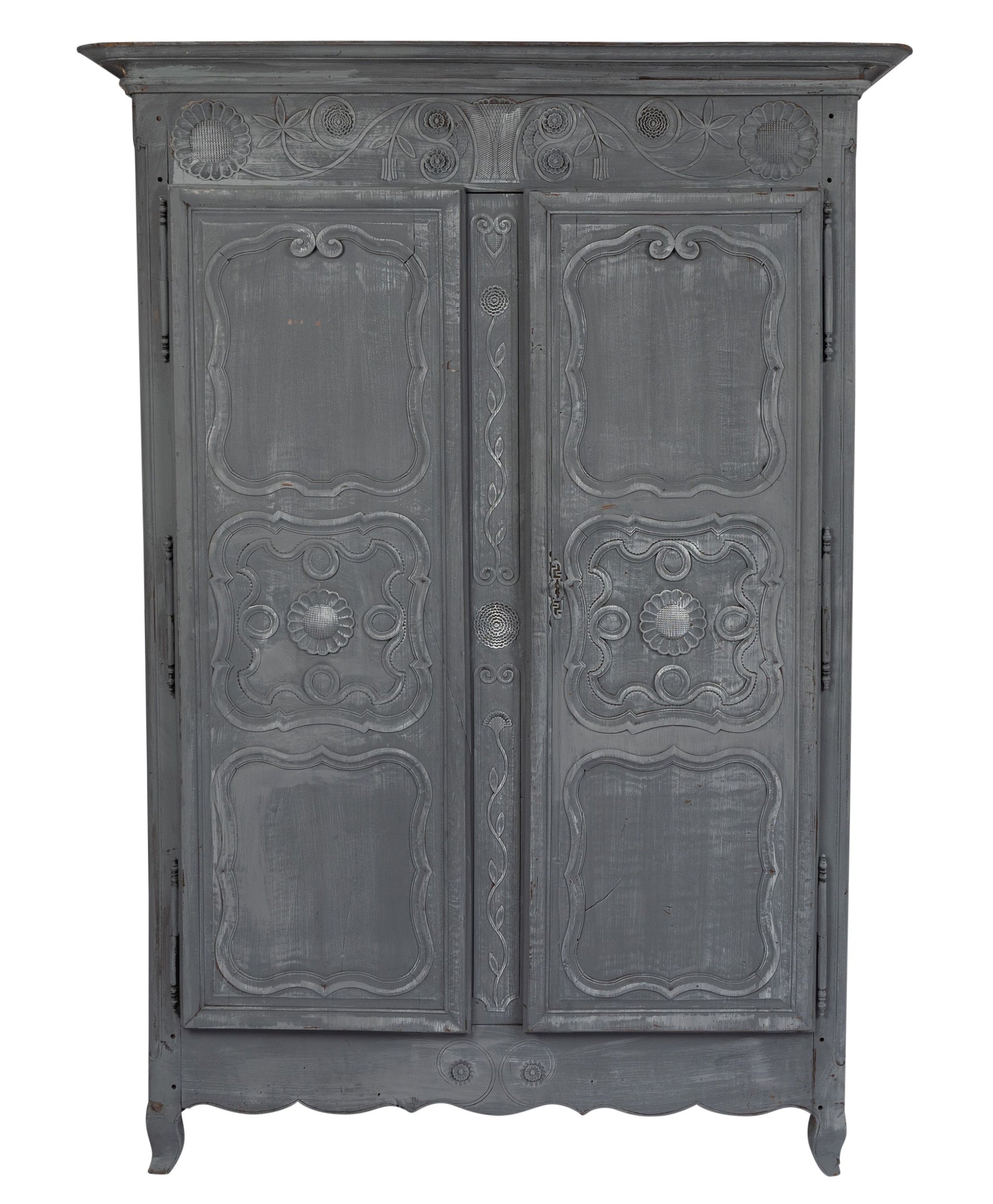 Antique French grey painted "sunflower" armoire from the French Alps