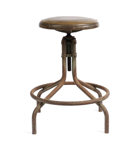 An industrial artist studio stool with round leather seat. Designed to be height adjustable