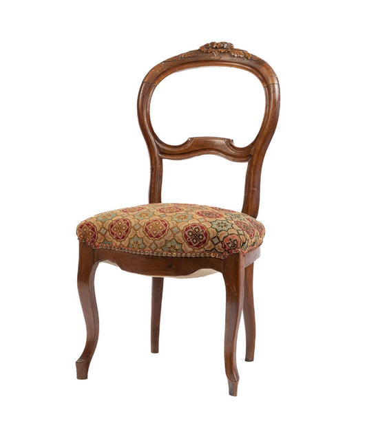 A lovely 19th century antique French walnut chair with tapestry seat and round back. Discovered in the French Alps