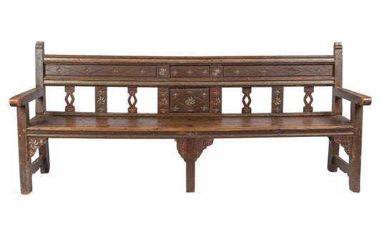 Impressive and large 18th Century antique French oak solid bench seat with hand carvings and gorgeous original hardware from The French Alps.