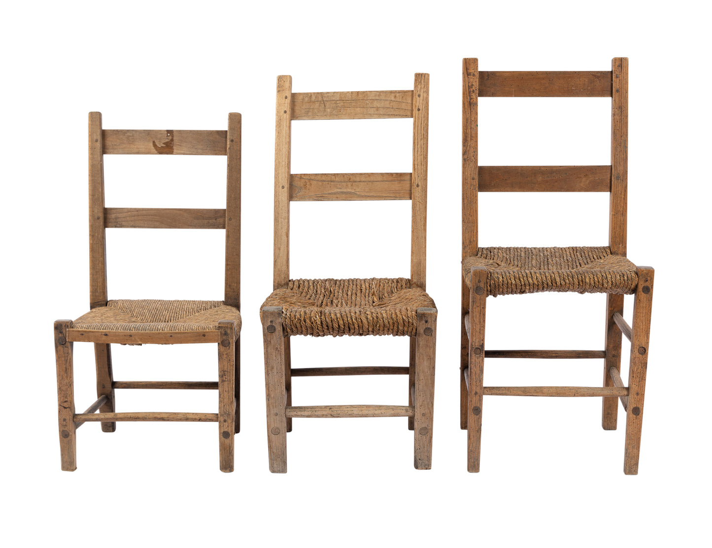 3 Antique French "Goldilocks" timber and wicker chairs in different sizes from the French Alps