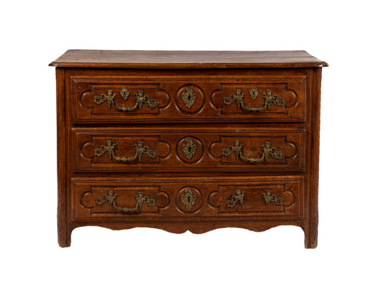 Gorgeous 19th century Antique French walnut serpentine commode with beautiful original brass hardware from the French Alps