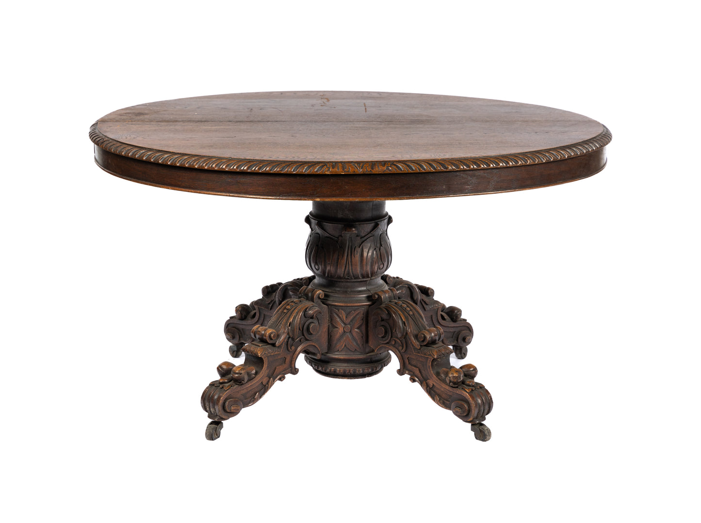 Impressive 19th Century antique French oak round table with beautiful hand carved pedestal from The French Alps