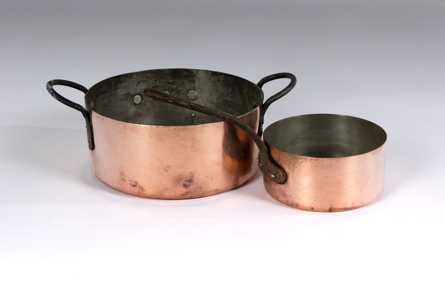 Lot of 2 lovely antique French copper pots with beautiful patina