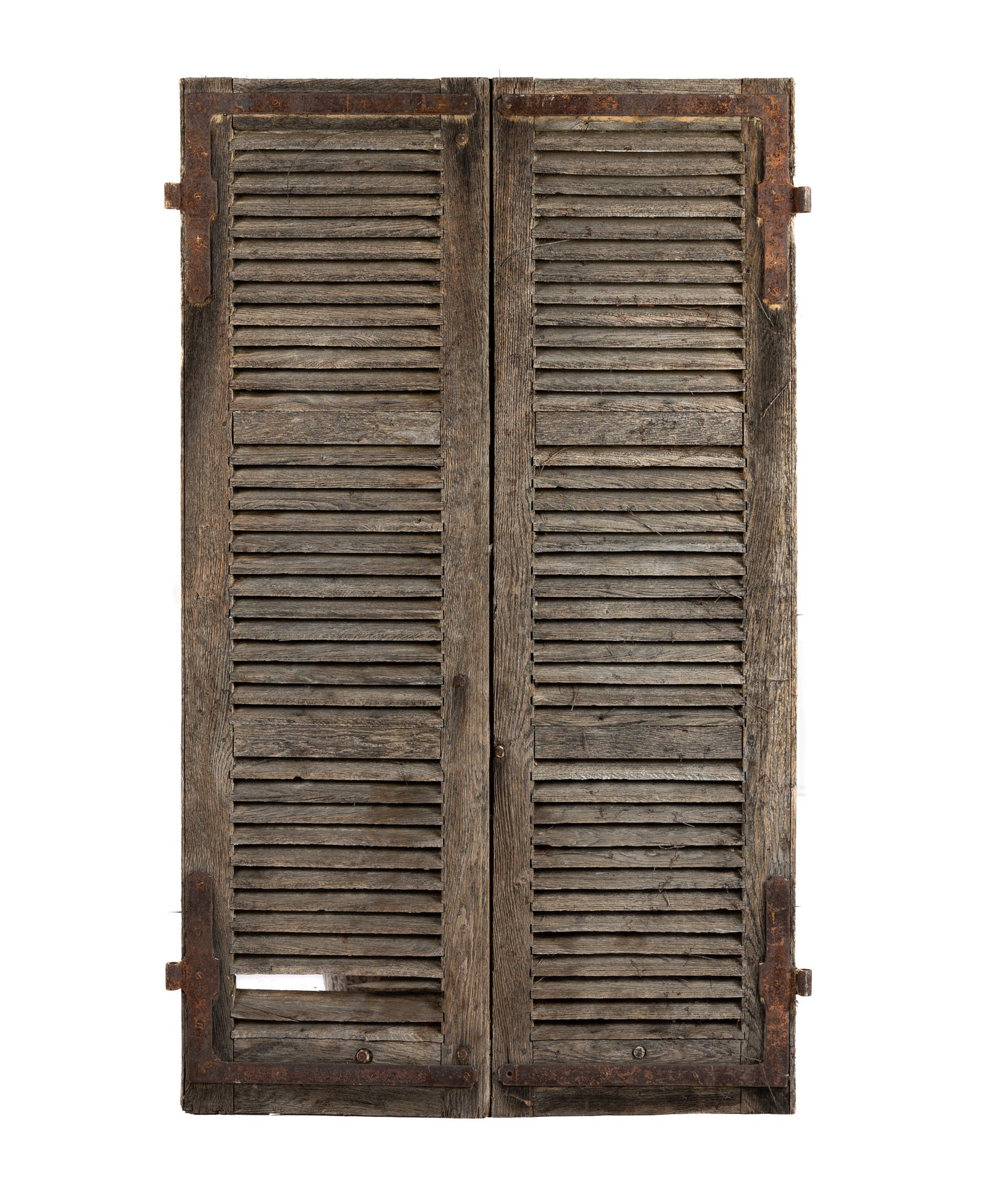 Vintage French weathered grey timber shutters with original hardware from Provence