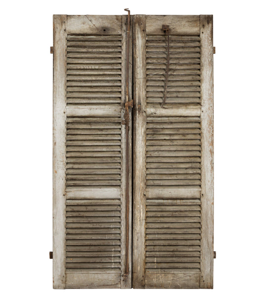 Vintage French weathered grey timber shutters with original hardware from Provence