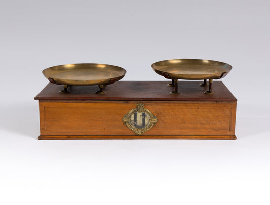 Impressive and beautiful set of large 20th century antique French scales with brass trays from The French Alps