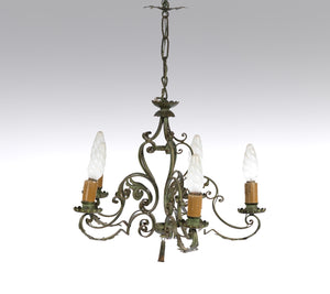 Beautiful 5 light hand forged wrought iron chandelier with original green patina