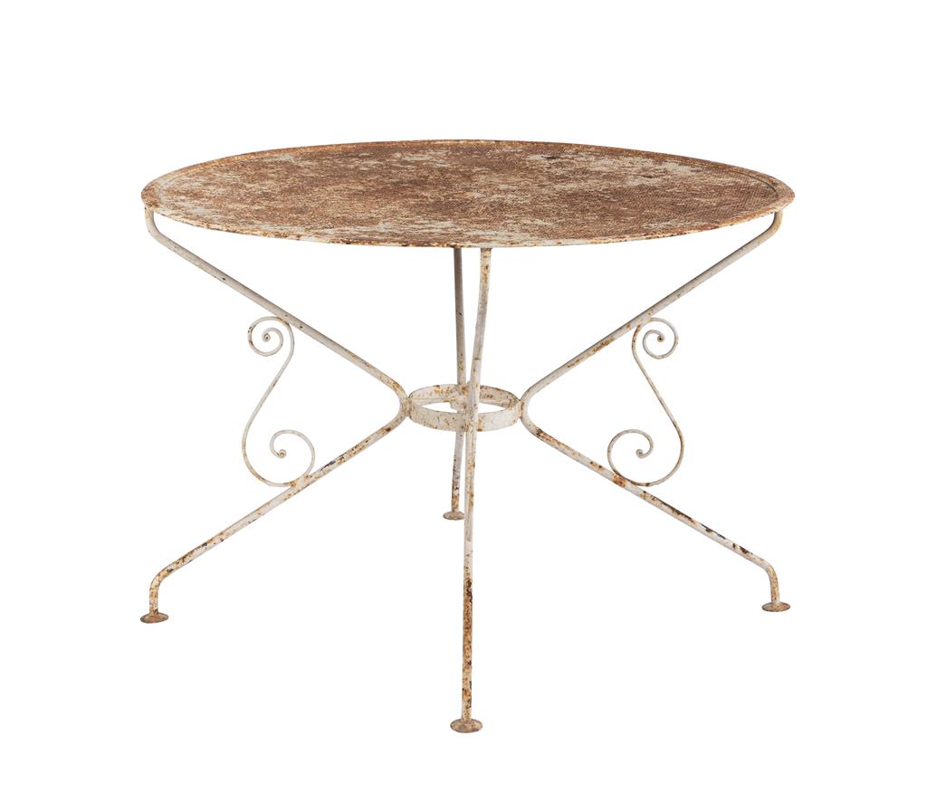 Vintage 20th Century French wrought iron table with fretted metal top. Discovered in the French Alps