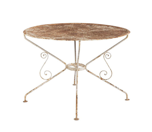 Vintage 20th Century French wrought iron table with fretted metal top. Discovered in the French Alps