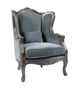 Beautiful vintage French armchair with blue/gray velvet upholstery sourced from a private collection in Provence