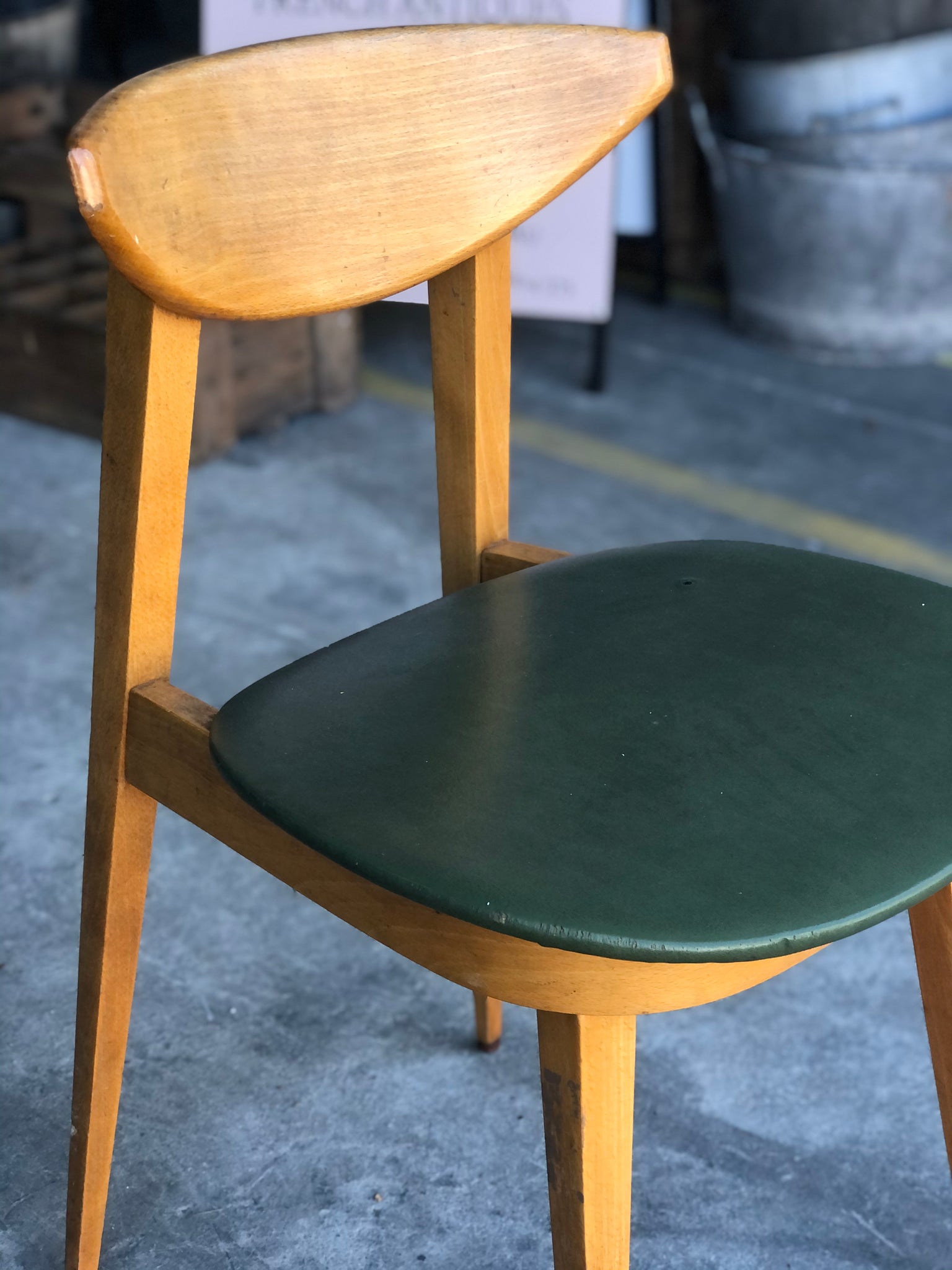 Vintage French retro chair with upholstered (green) seat