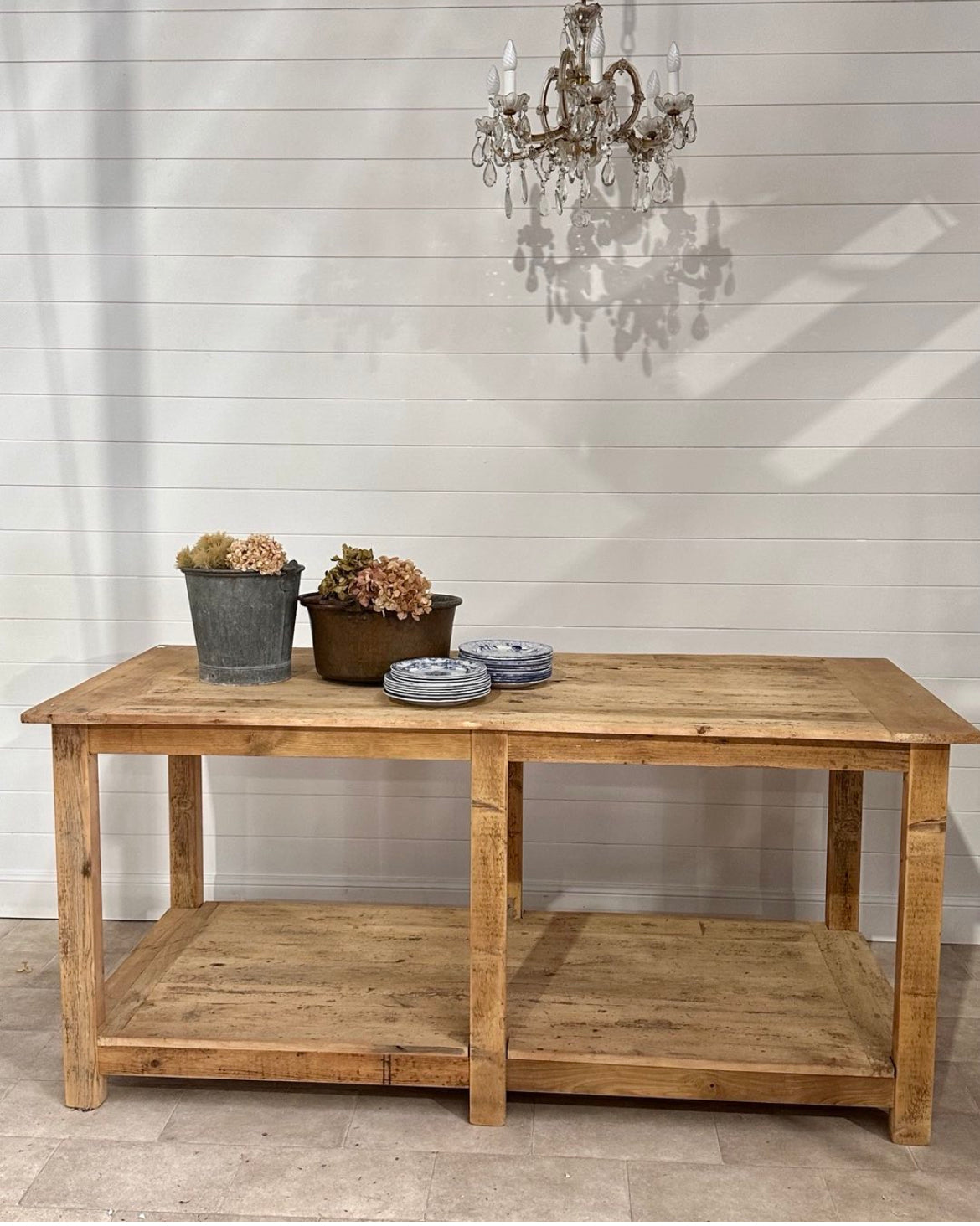 Gorgeous high kitchen island/work bench made by a local timber craftsman in the French Alps