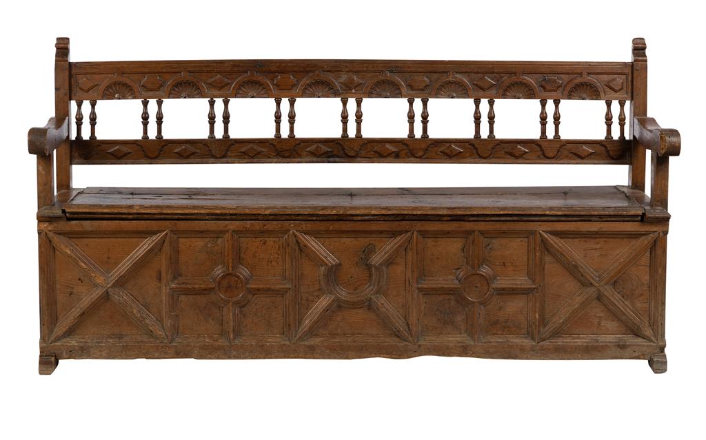 A one of a kind 19th Century antique hall bench with opening seat and impressive geometric carvings, from an estate near Annecy.