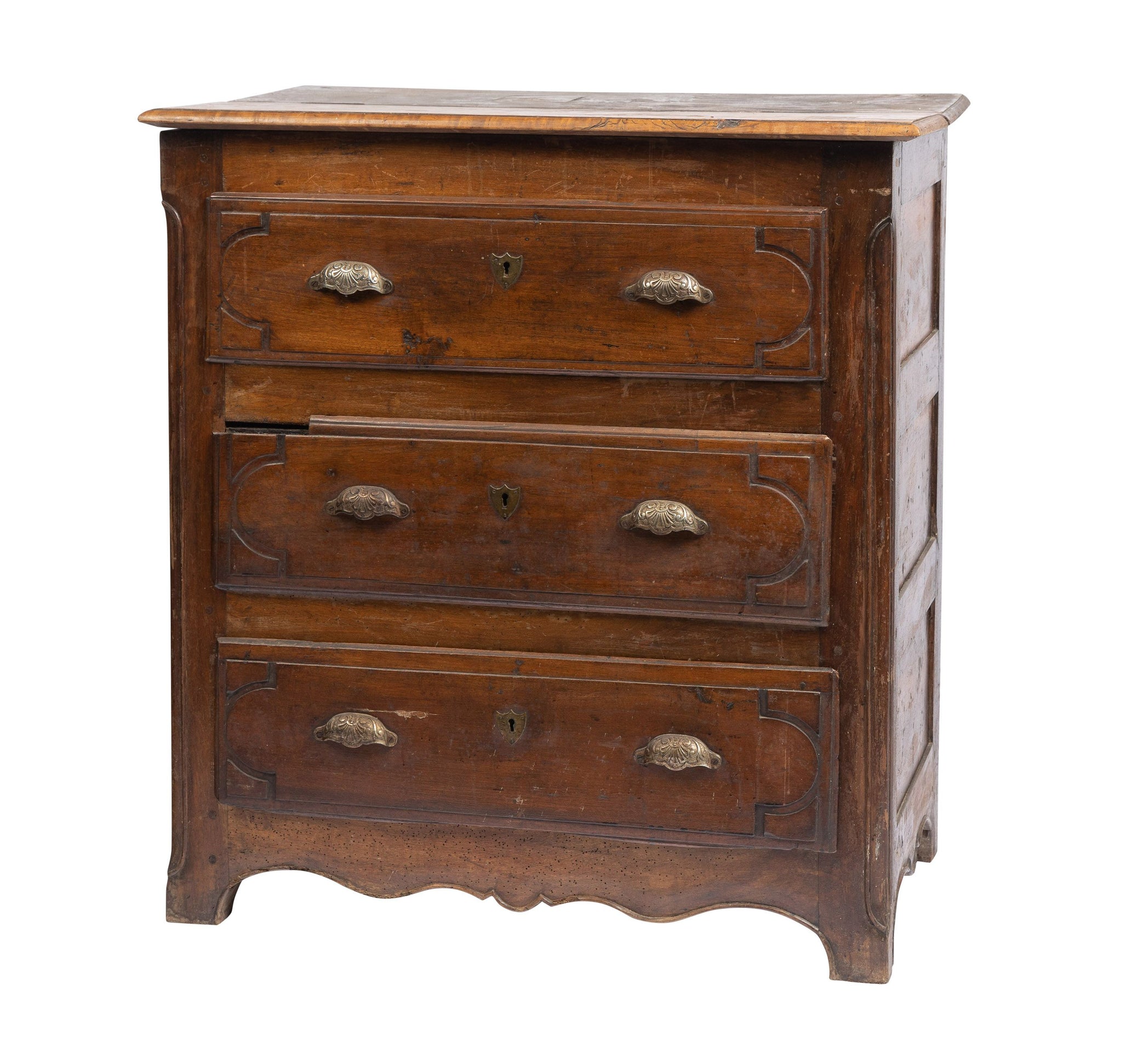 Stunning 19th century antique French walnut chest of drawers with beautiful original hardware