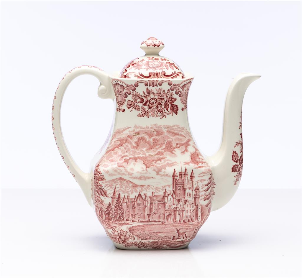 An antique pink & white teapot with castle and stag scene by 'Royal Homes of Britain - Enoch Wedgwood 1835', sourced from Annecy