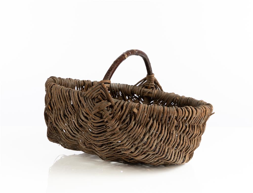 Beautifully handwoven flower pickers basket with bent wood handle from the French Alps