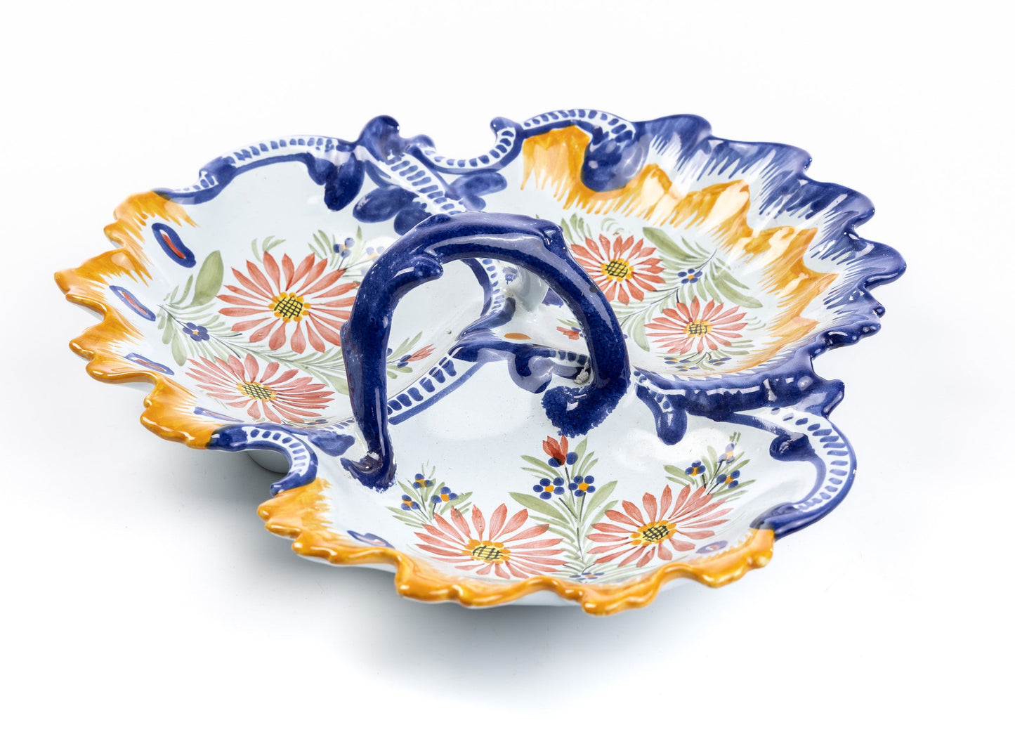 Stamped and Hand painted Antique French platter from Quimper with central handle from Provence