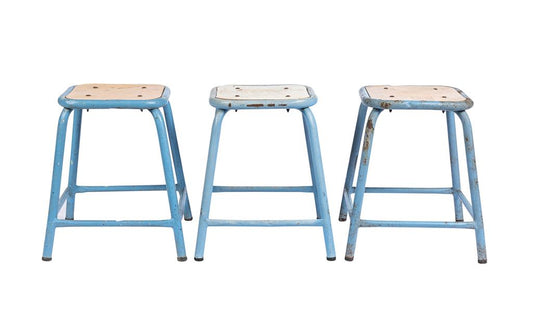 Lot of 3 blue artist stools from a studio in Aix en Provence with timber seats and metal frames.