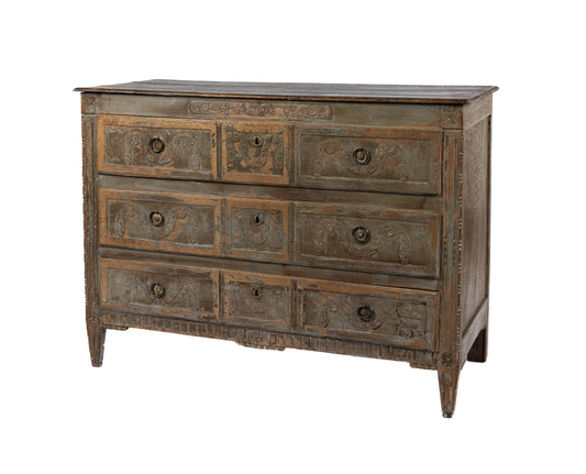 Impressive French 19th Century antique commode with superb timber carvings and original grey wash paintwork From Paris.