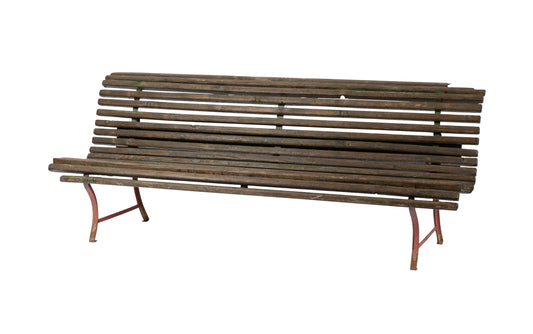 Vintage French outdoor park bench seat with steel frame and timber slats. Small timber missing from one top slat.