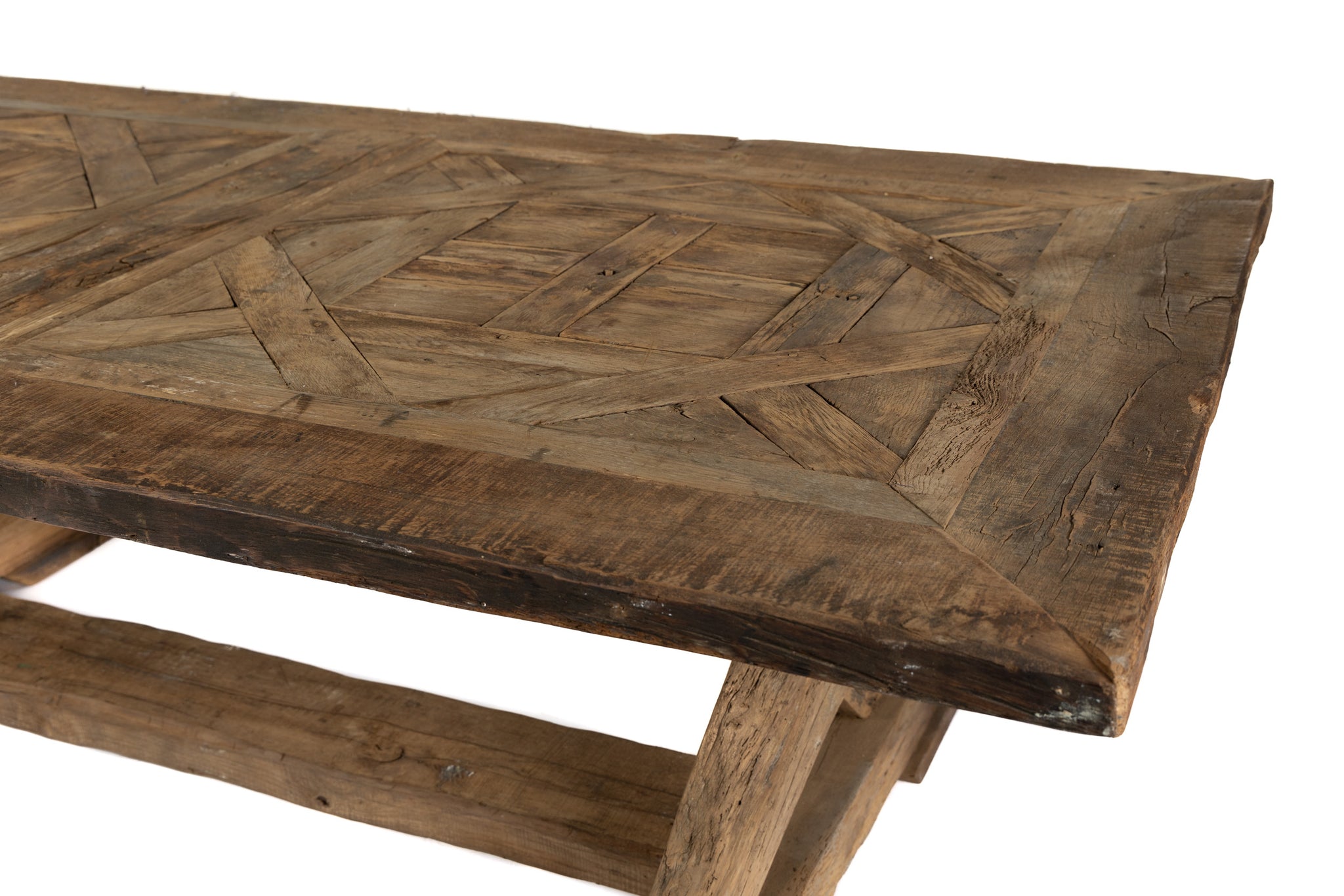 Impressive and solid table made from reclaimed French oak with parquetry top by local artisan in the French Alps.