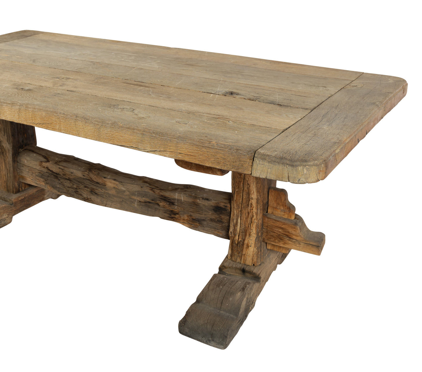 An excellent French 19th century rustic antique oak table with impressive stretcher base