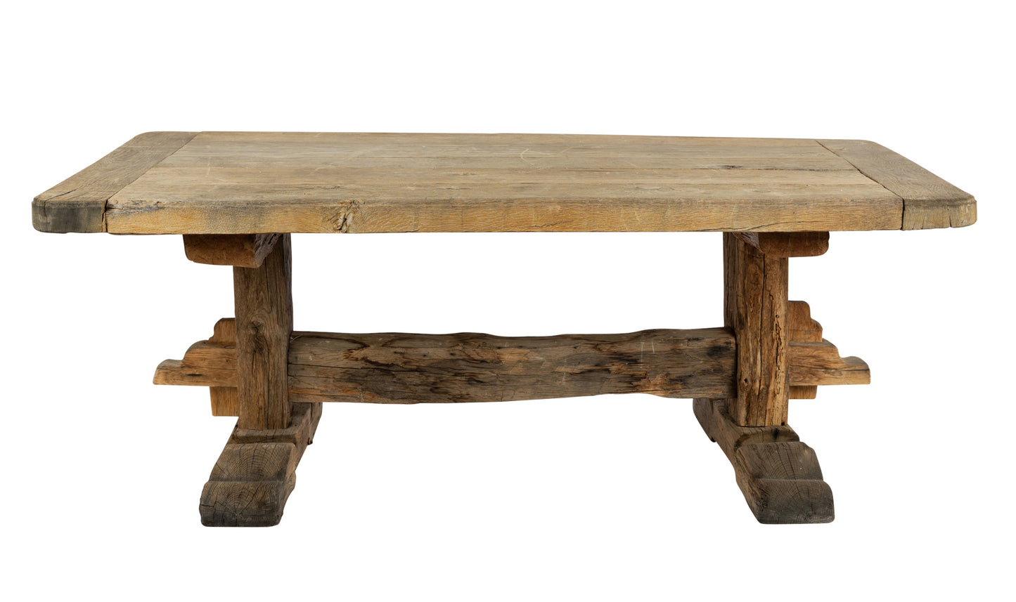 An excellent French 19th century rustic antique oak table with impressive stretcher base