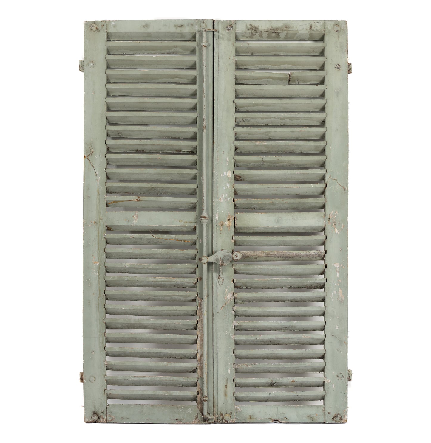 A pair of vintage French soft green/grey painted shutters from Provence.